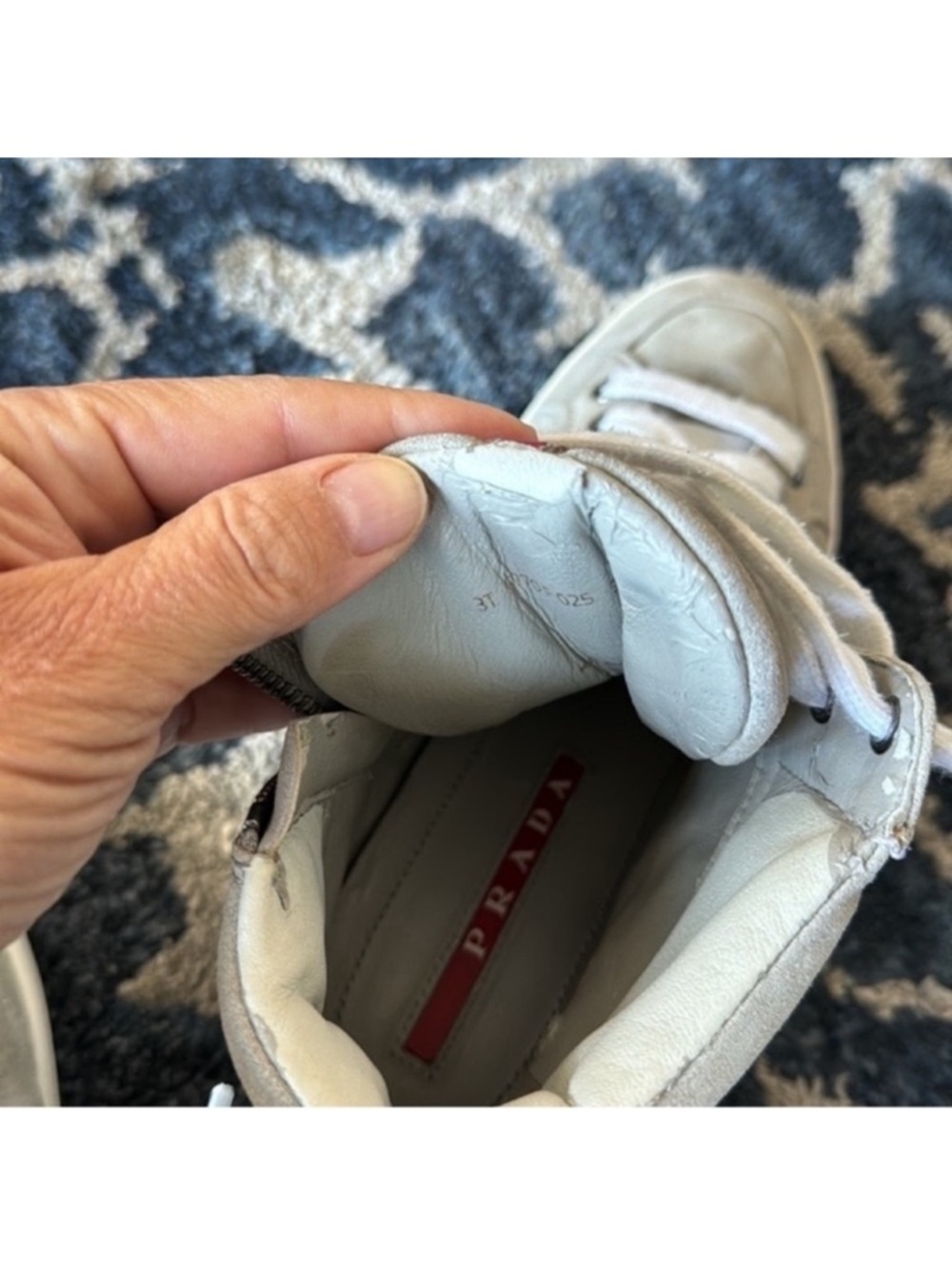 Prada Suede Leather High Top Sneakers Sz 6/36.5 Gray Logo Lace up Side Zipper - Picture 7 of 15